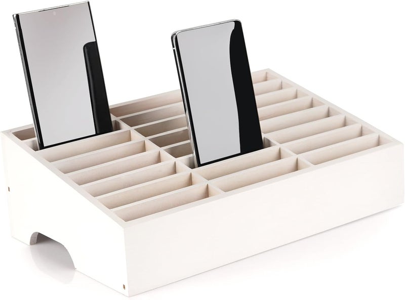 Lzttyee Wooden 24-Grid Cell Phones Storage Box Desktop Mobile Phone Holder Organizer for Office School Classroom (24-Grid White) - Image 1